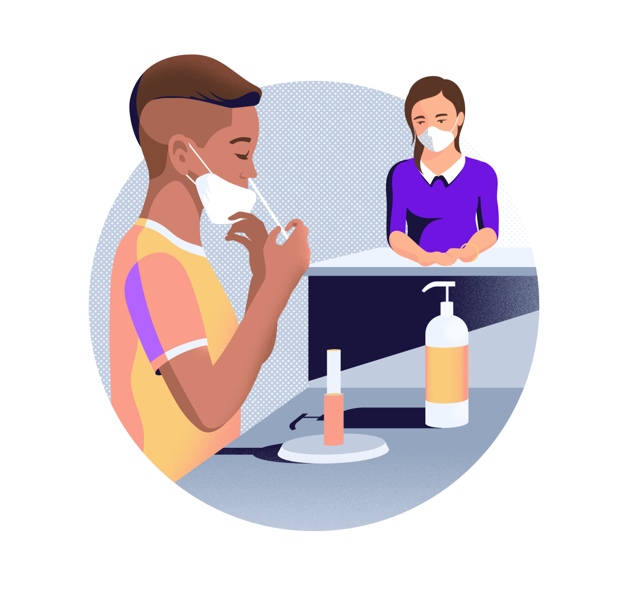 Illustration of a person watching a student self-swab his nose