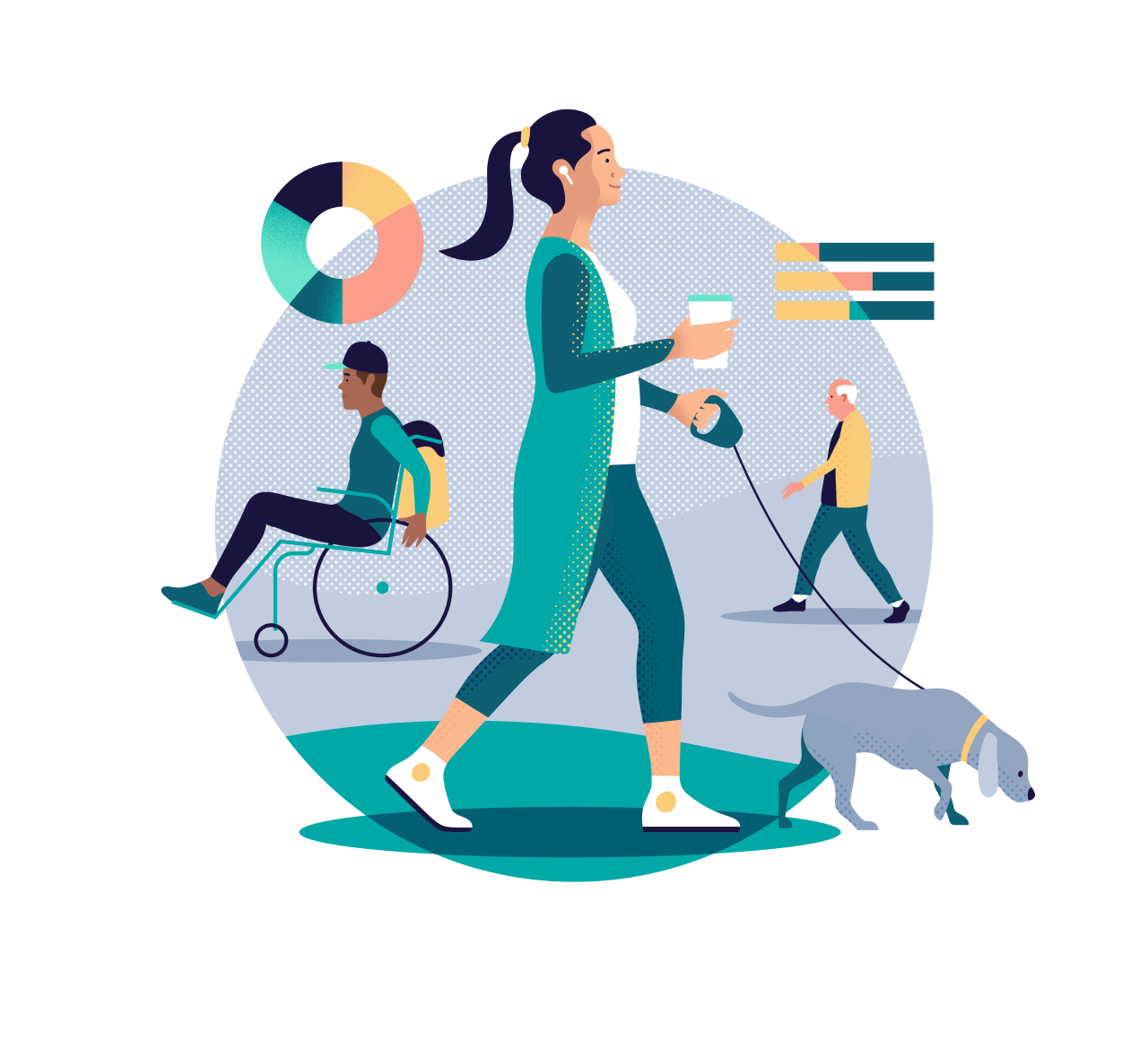 Illustration of a woman walking a dog, man in a wheel chair and elderly man walking