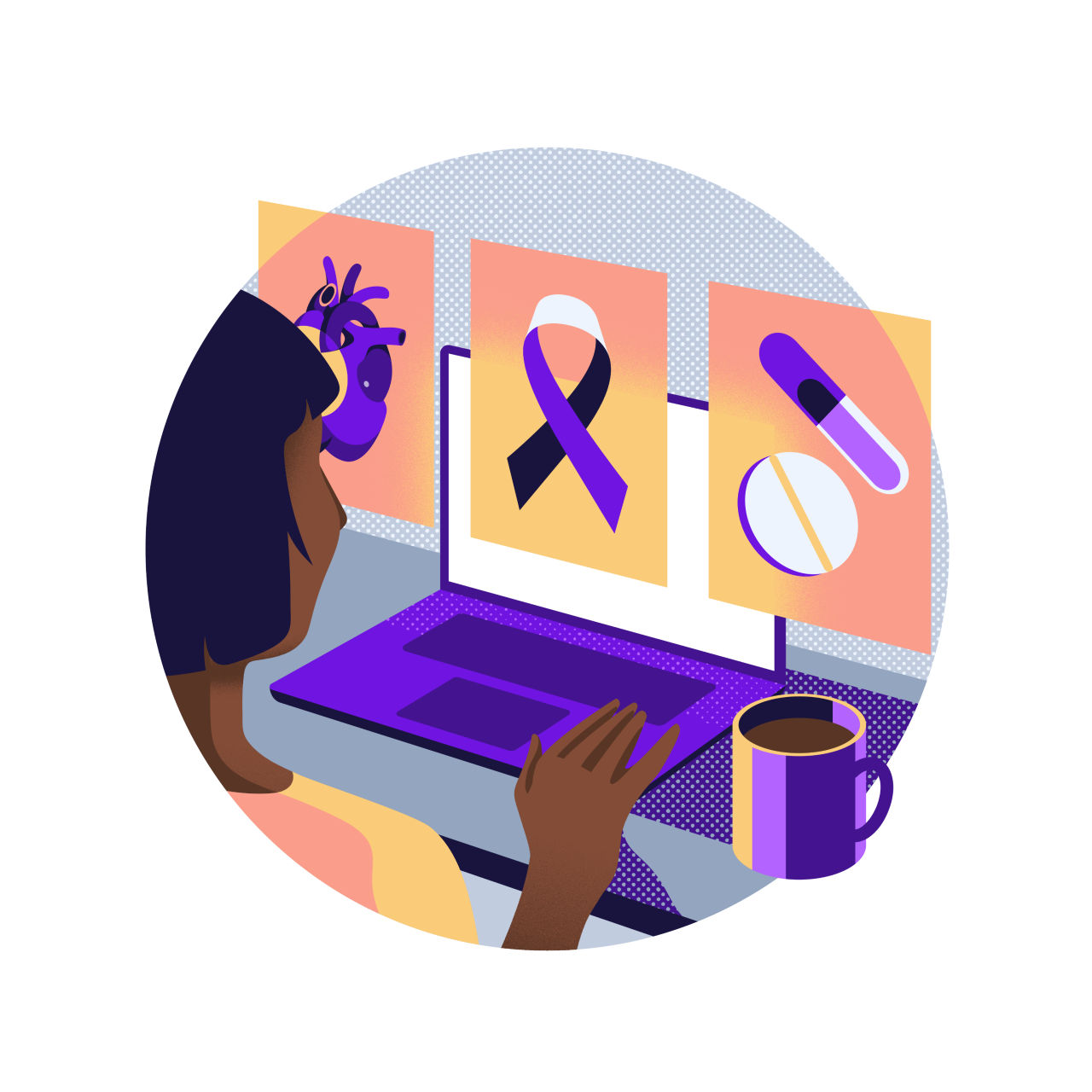 Illustration of someone looking at a laptop with three pop-up screens representing health information