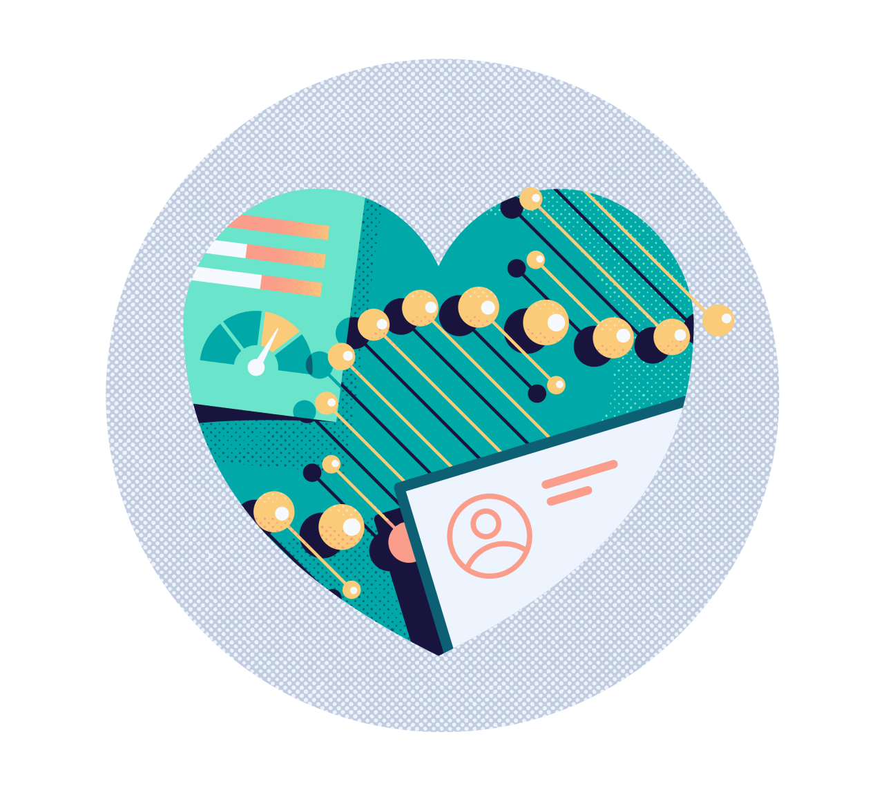 Illustration of a heart conatining images of graphs