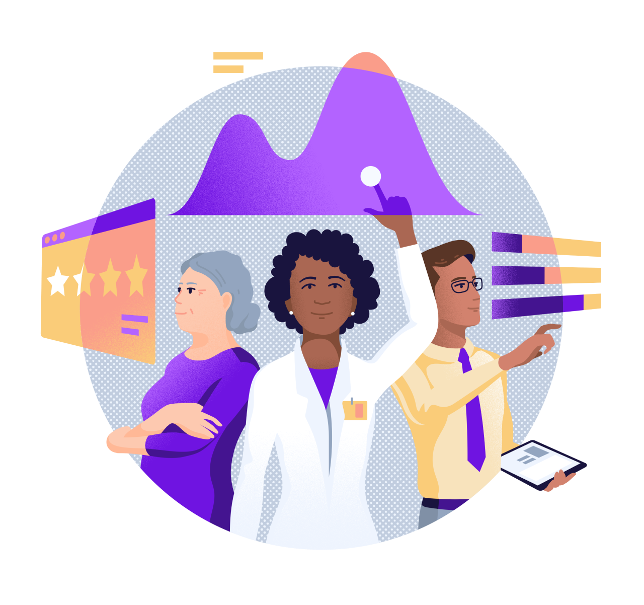 Illustration of three people interacting with charts and graphs