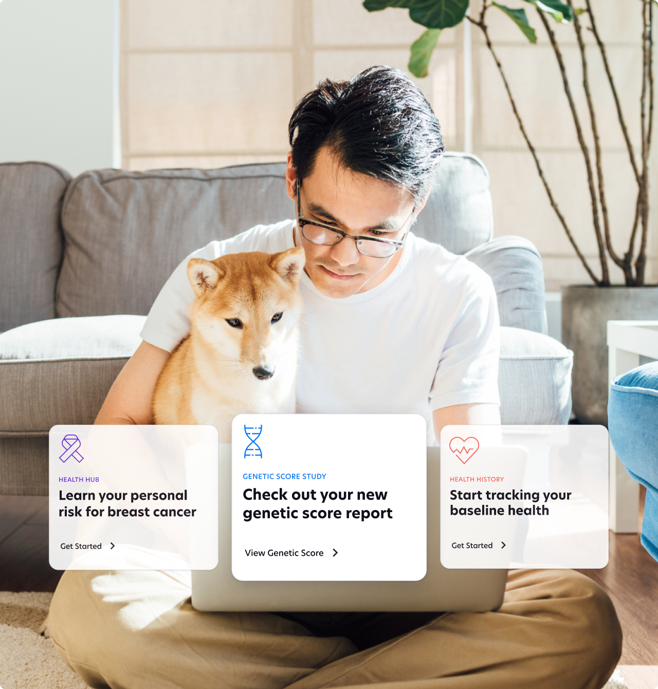 Man sitting on the ground with a dog and laptop, and three Color health option screens overlayed