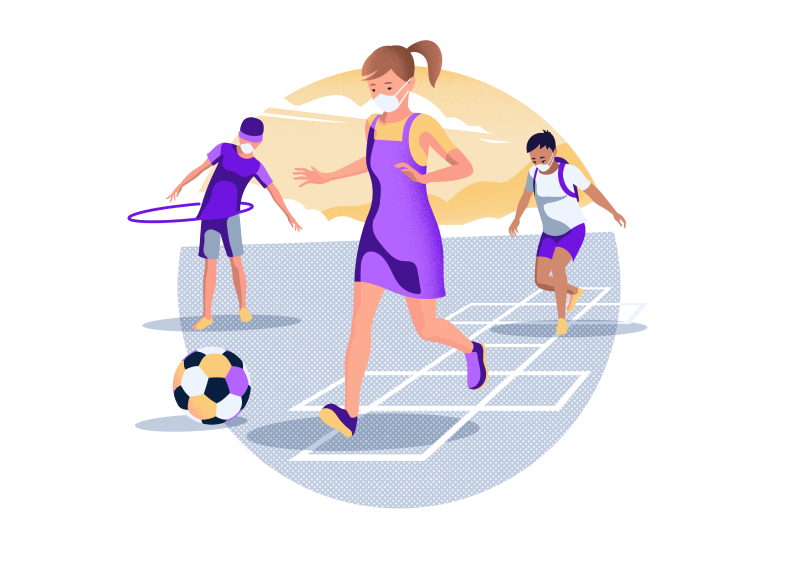 Illustration of children playing soccer, hopscotch and hula-hoop