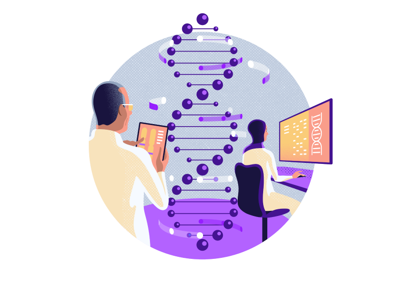 Illustration of two medical professionals working on computer and tablet looking at genetic data