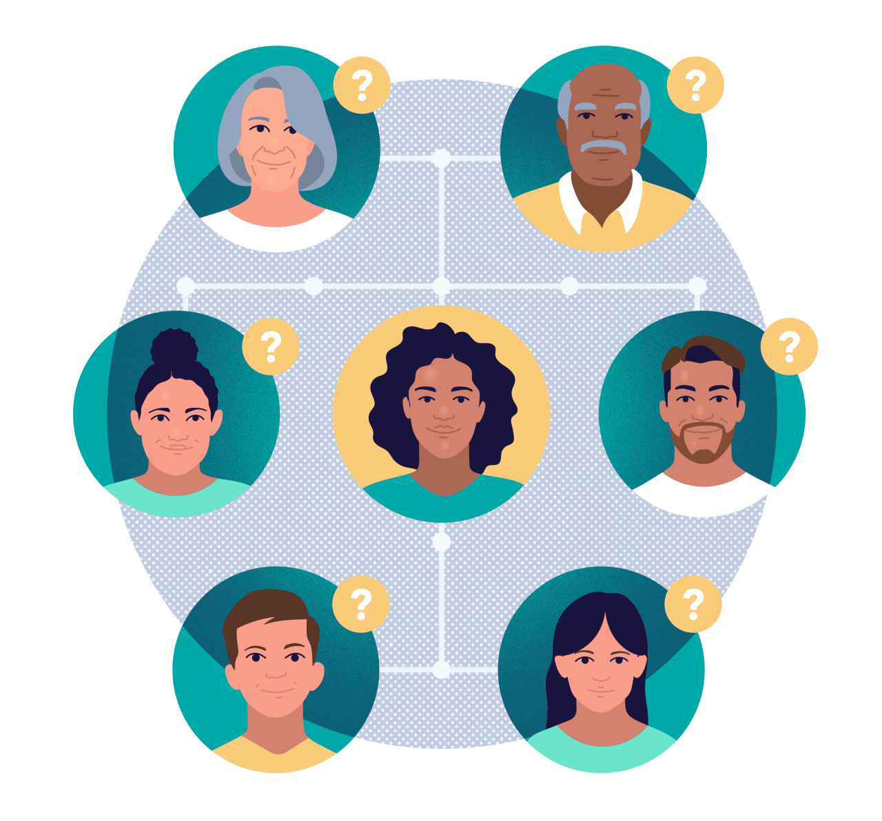 Illustration showing headshots of seven people of various ethnicities