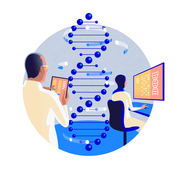 Illustration of two medical professionals working on computer and tablet looking at genetic data