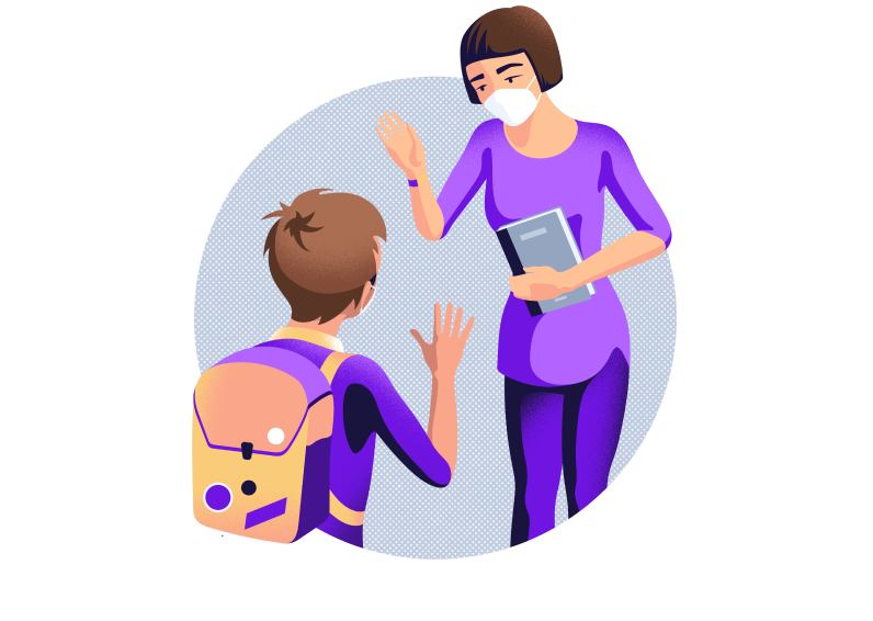 Illustration of a teacher wearing a mask waiving to a young student wearing a backpack