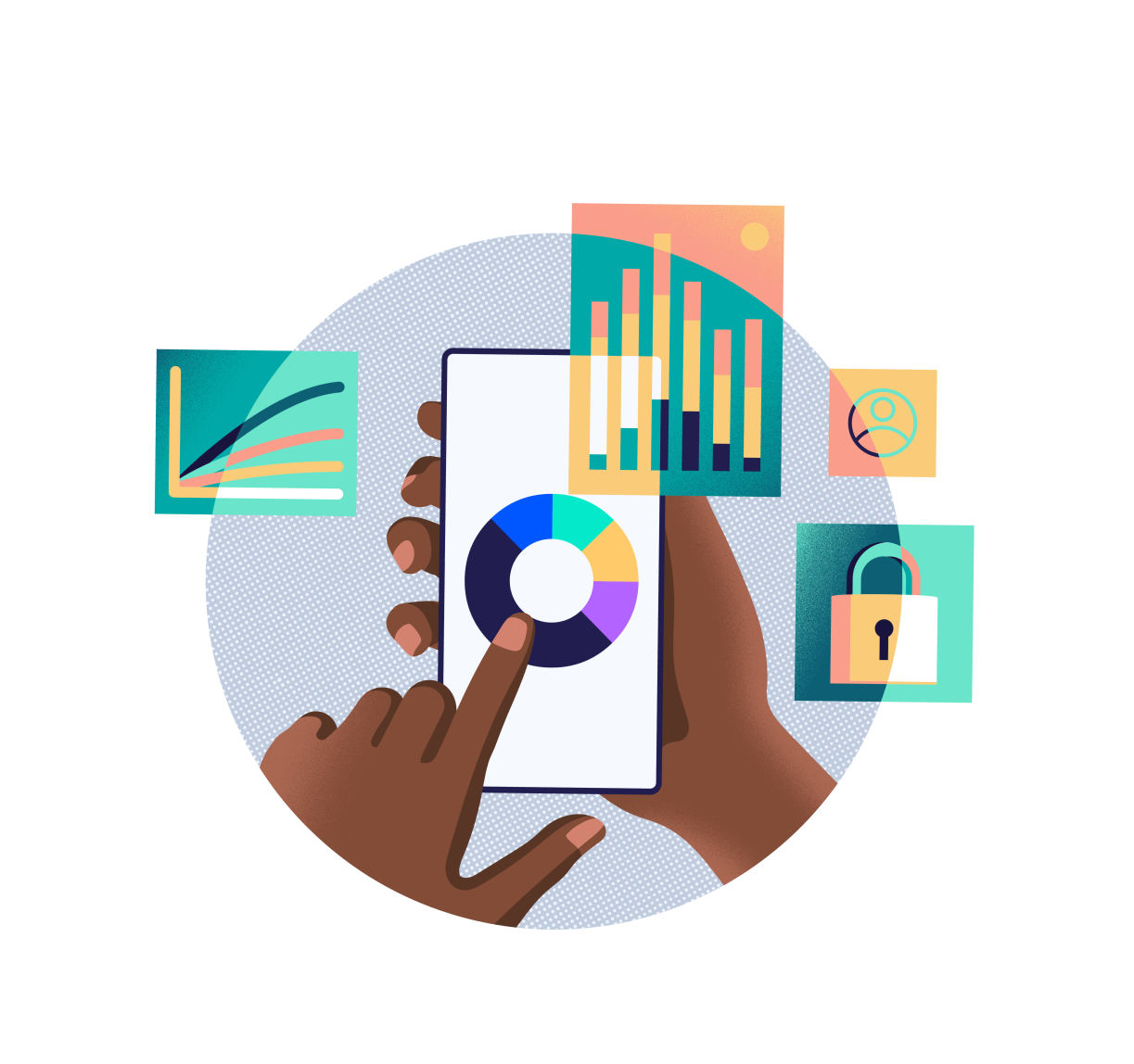 Illustration of a cell phone with the Color wheel logo and various screens with charts around it