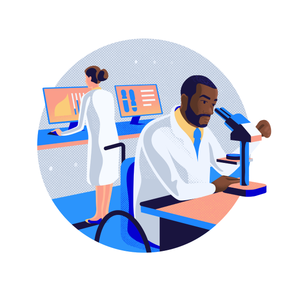 Illustration of two medical professionals working on the computer and looking at a microscope