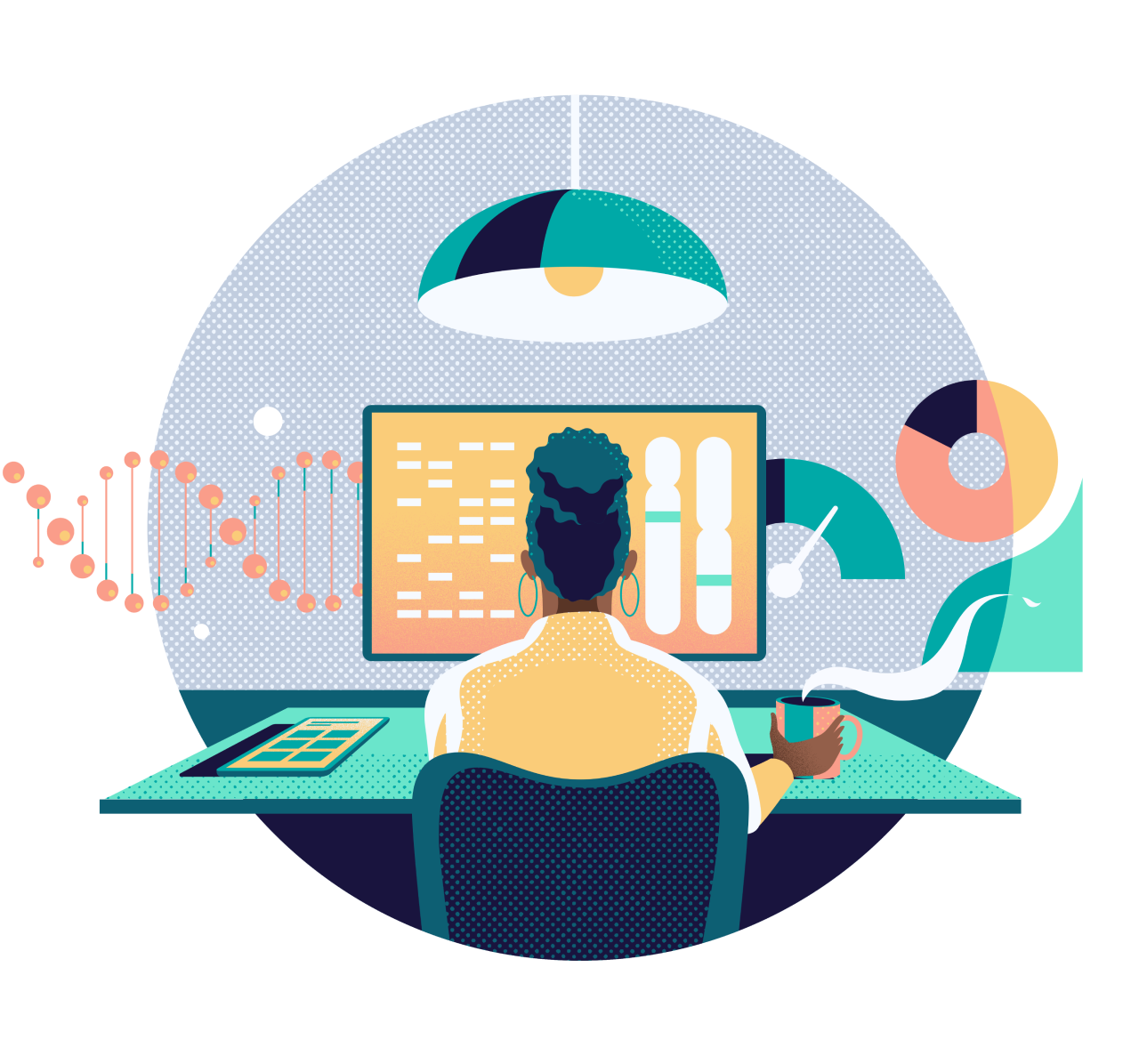 Illustration of a person sitting in front of a computer with various health symols and the Color logo around the screen