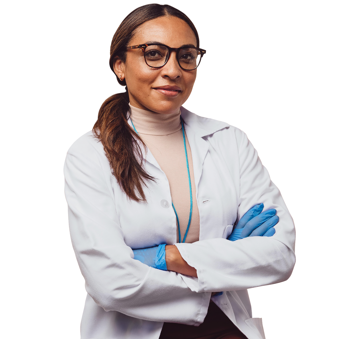 Woman wearing glasses, lab coat and glvoes with arms crossed