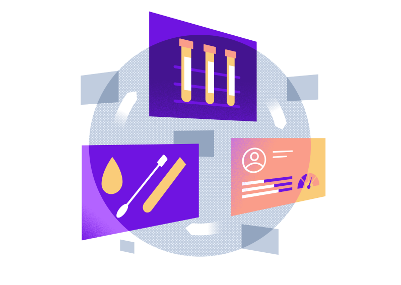 Illustration of three screens representing the COVID-19 testing process
