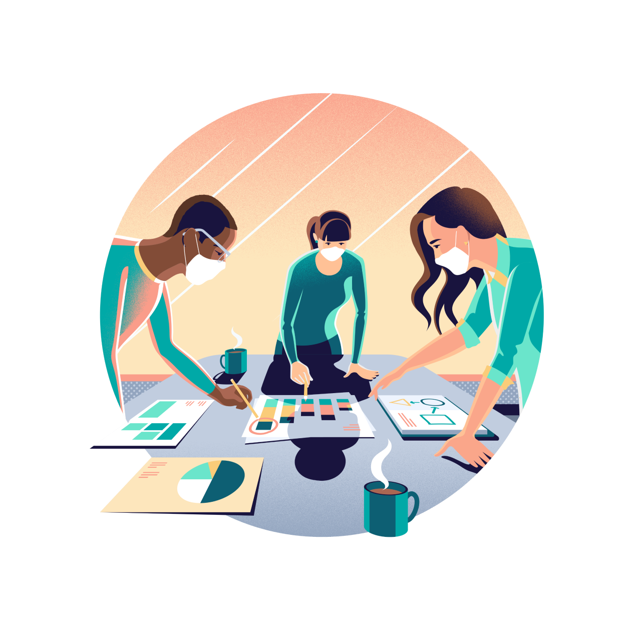 Illustration of three people wearing masks looking at papers with graphs