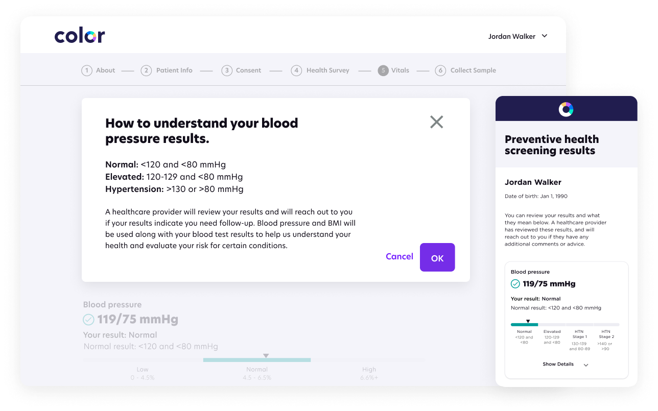 A Color computer and mobile phone dashboard conveying how to understand blood pressure results