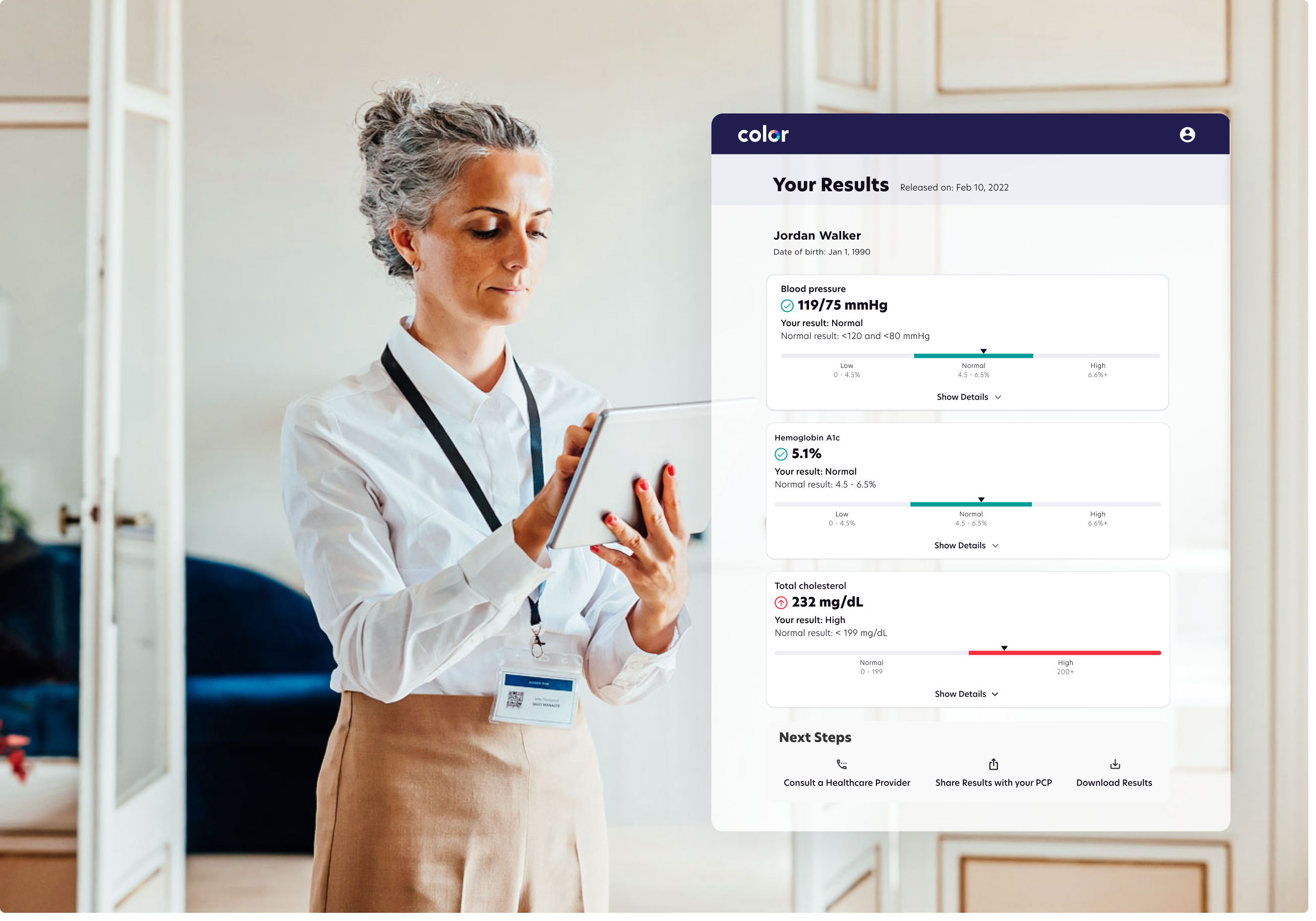 Woman holding a tablet standing next to Color dashboard screen listing varioius test results