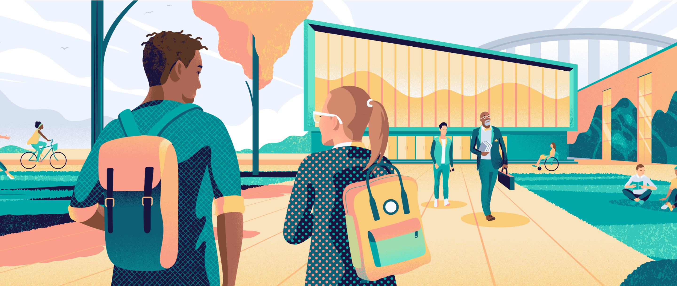 Illustration of two students wearing backpacks walking outside past other students