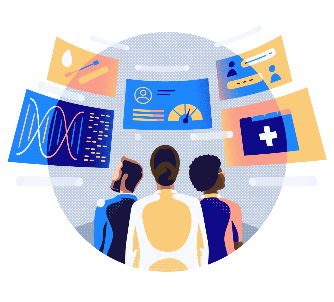 Illustration of three people looking at various screens
