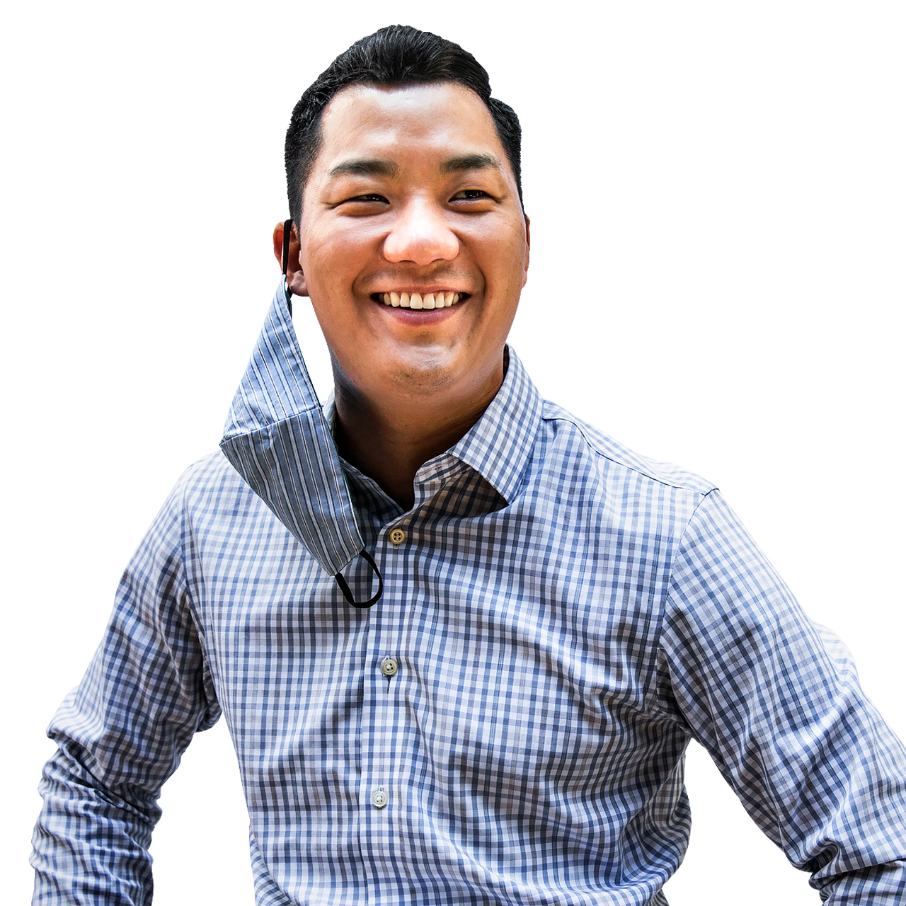 Man wearing collared shirt smiling with mask hanging off of ear