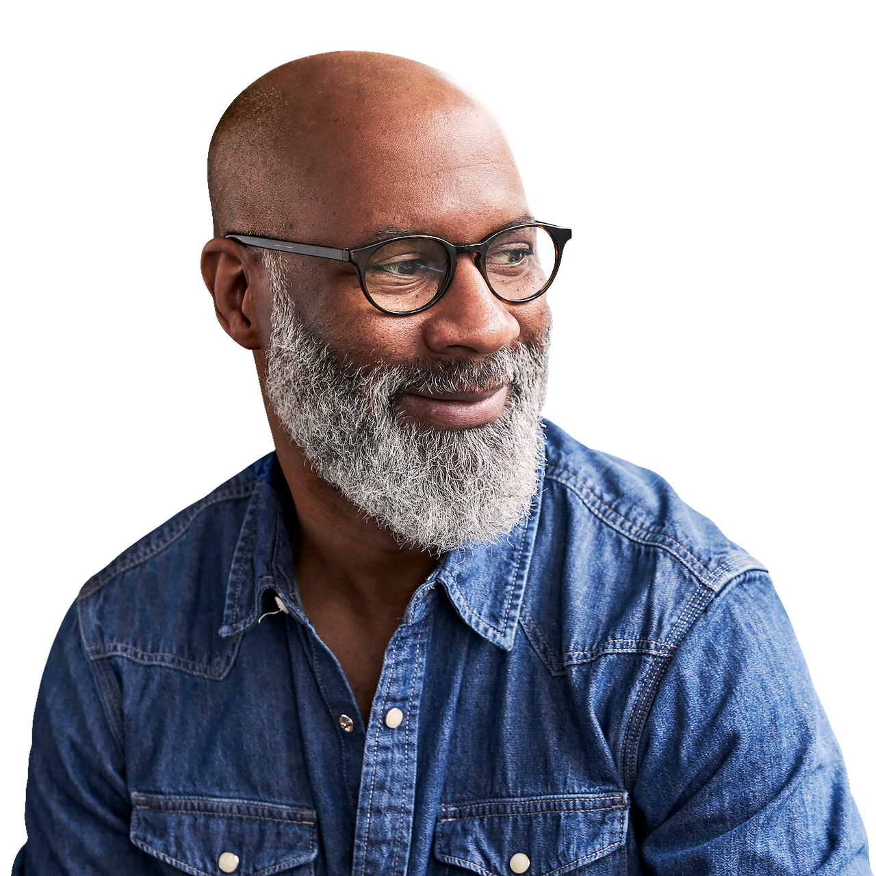 Bald man with glasses and beard smiling
