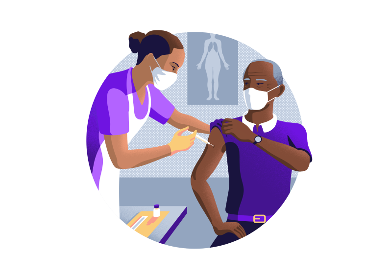 Illustration showing a medical professional giving a someone a COVID-19 vaccination