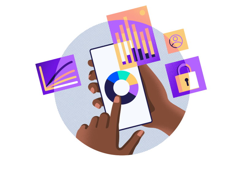 Illustration of a cell phone with the Color wheel logo and various screens with charts around it