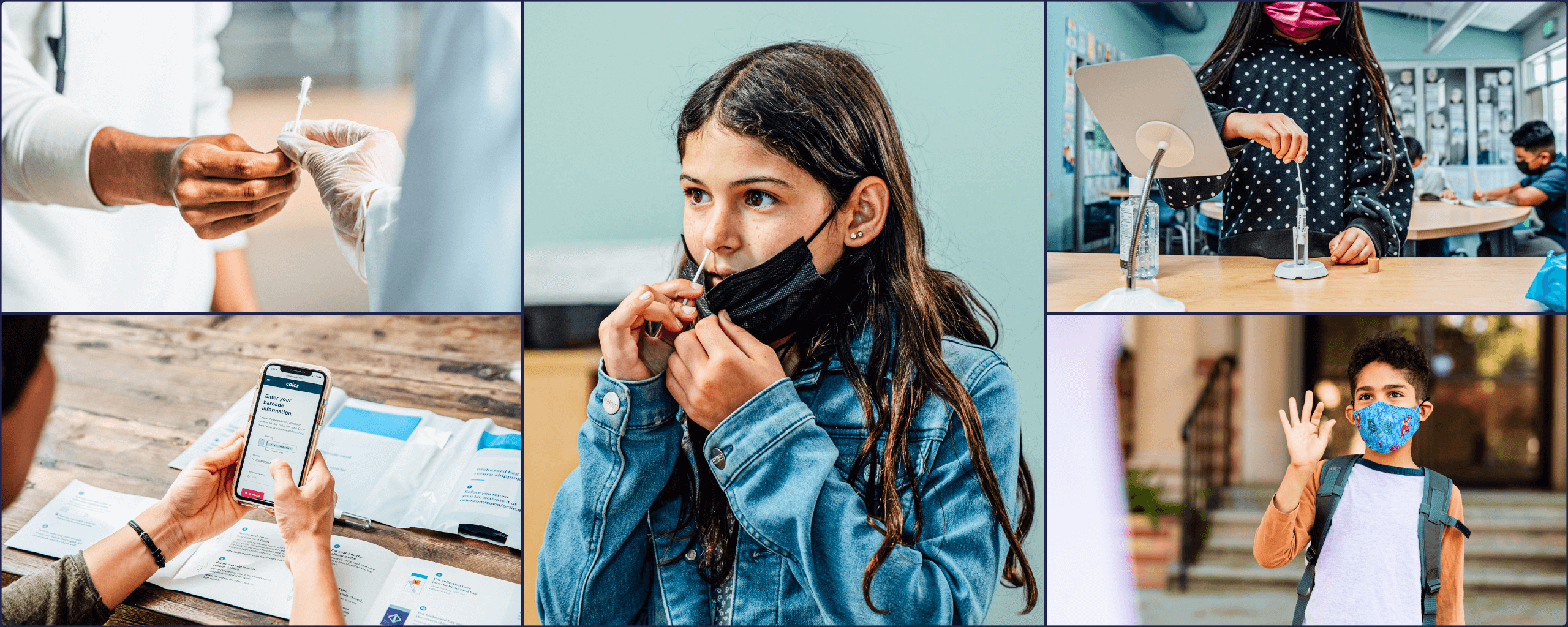 Collage of five images displaying young students going through the COVID-19 self-swab testing process