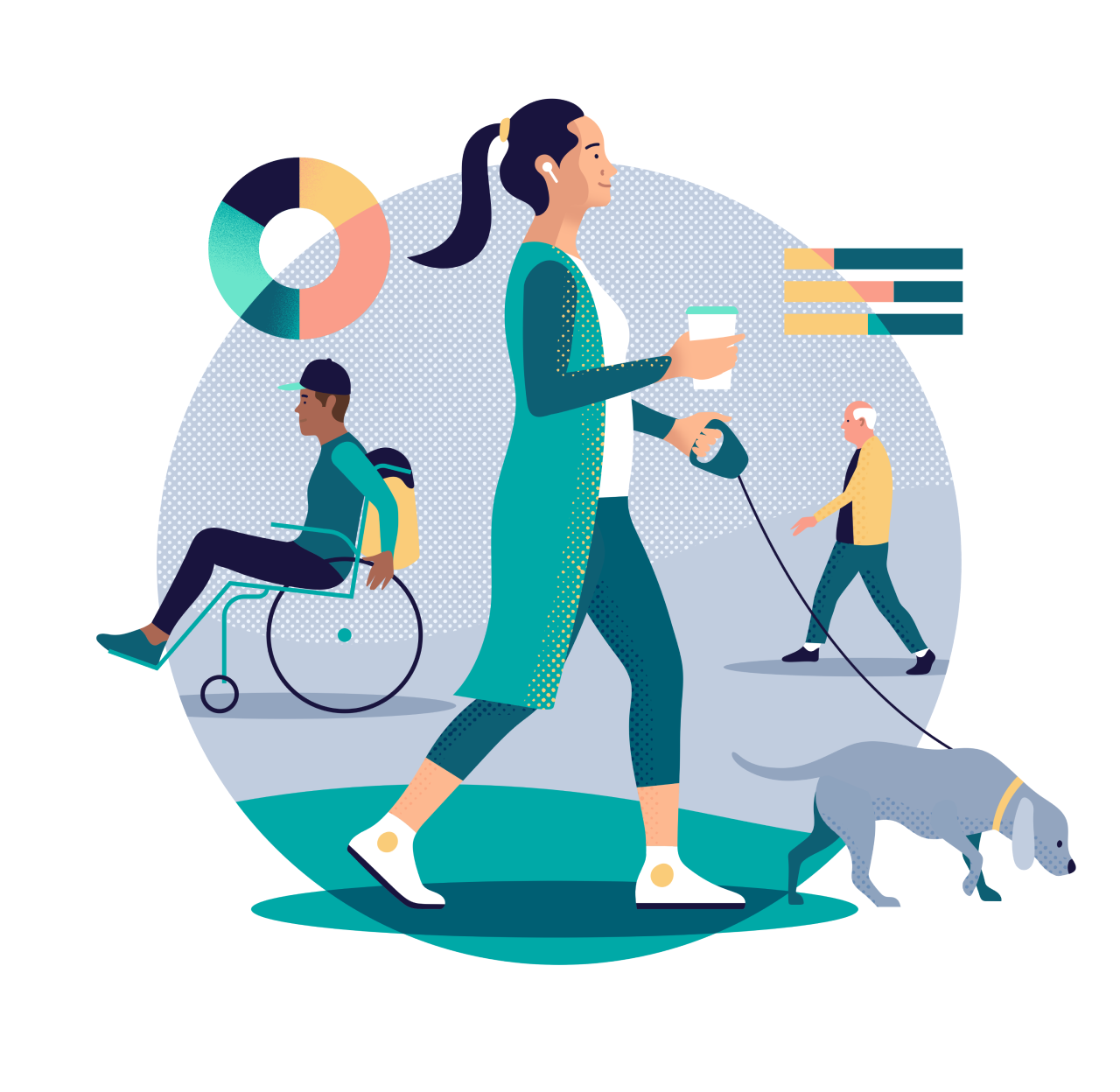 Illustration of a woman walking a dog, man in a wheel chair and elderly man walking