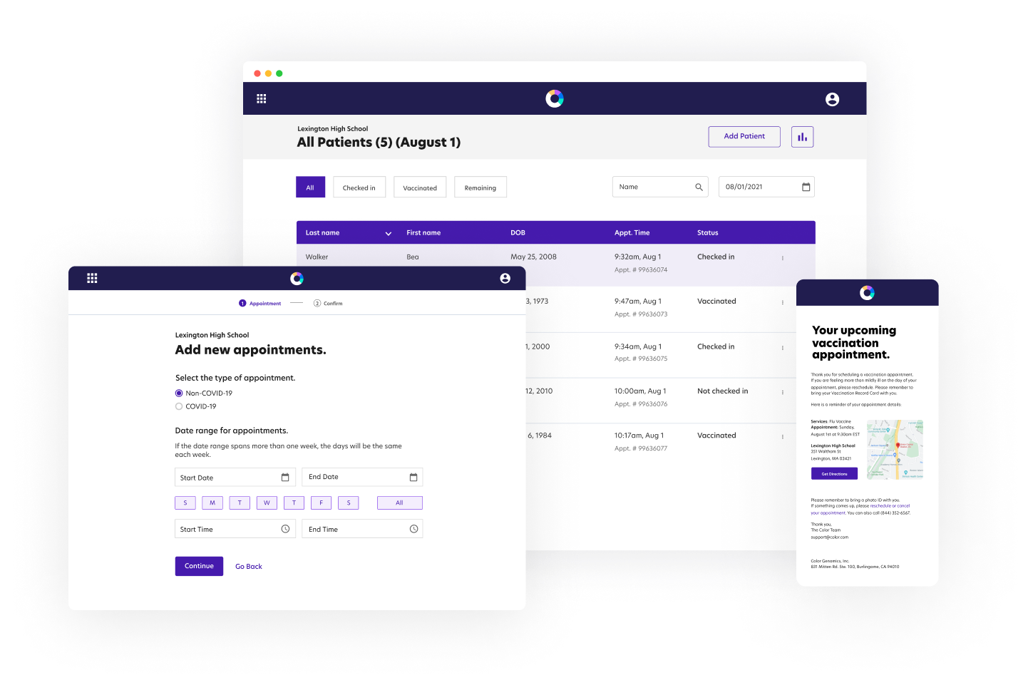 Color COVID-19 vaccination dashboards displaying charts and graphs of aggregated results