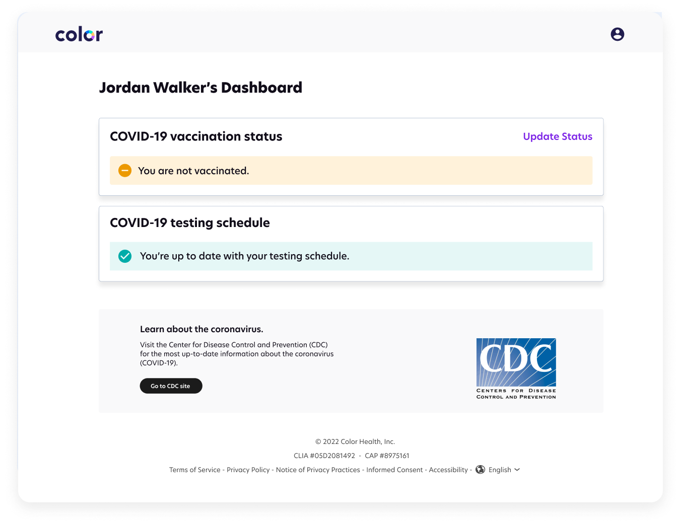 Color dashboard displaying COVID-19 vaccination status and testing schedule