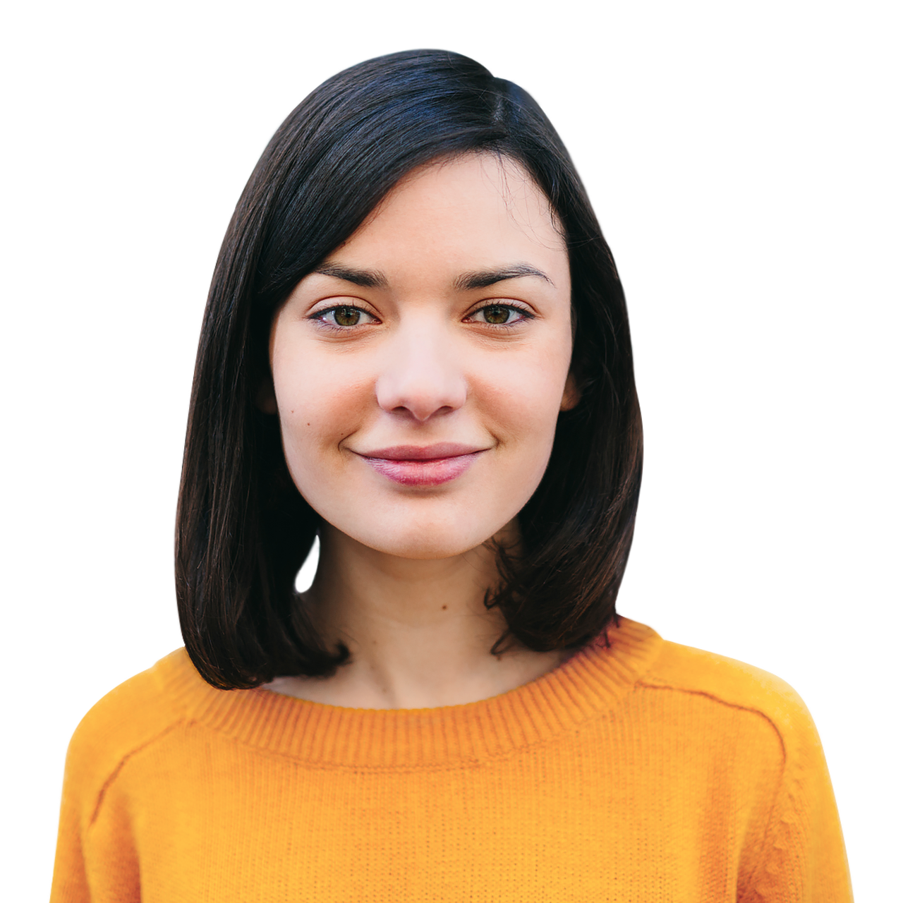 Woman with dark hair wearing yellow shirt and smiling