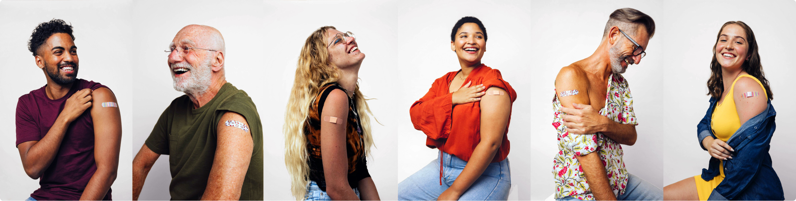 Collage of six people pulling up their sleeve showing a bandaid on their arm after getting a shot