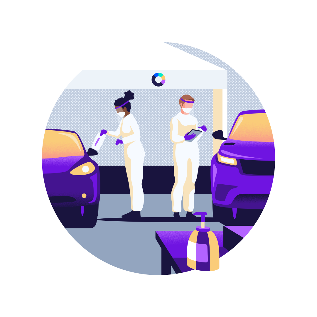 Healthcare workers conducting COVID-19 tests for people in cars next to a tent the Color wheel logo