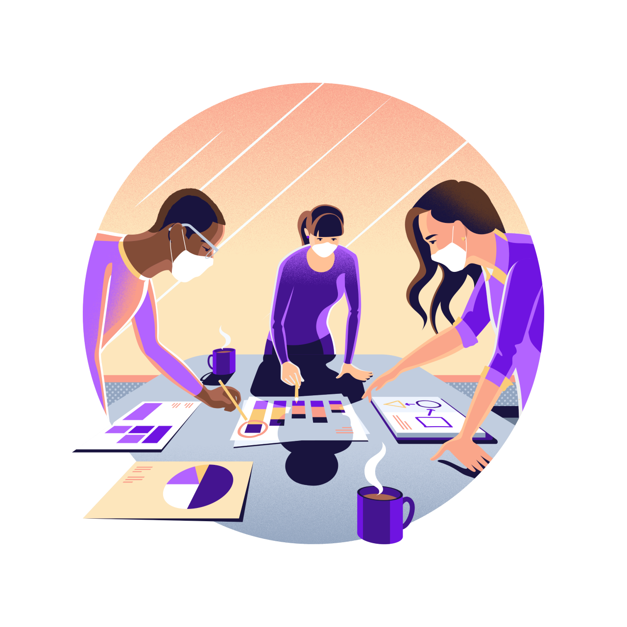 Illustration of three people wearing masks looking at papers with graphs