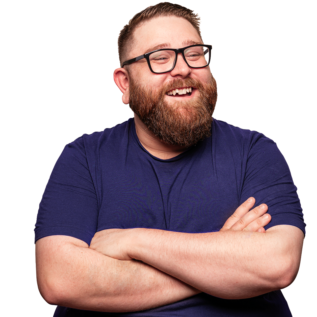 Man with with glasses and t-shirt smiling and laughing with arms crossed