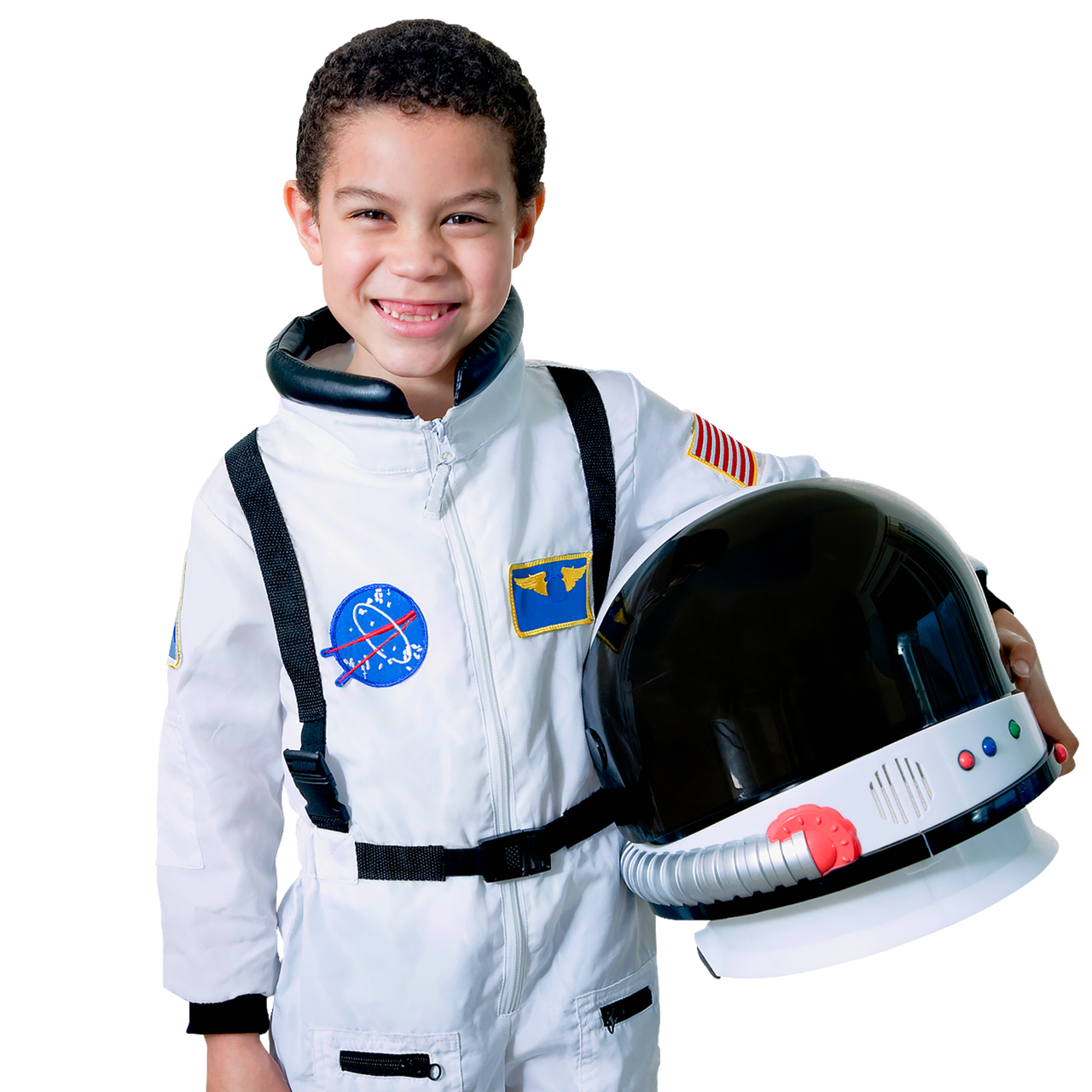 Kid wearing astronaut costume holding the helmet and smiling