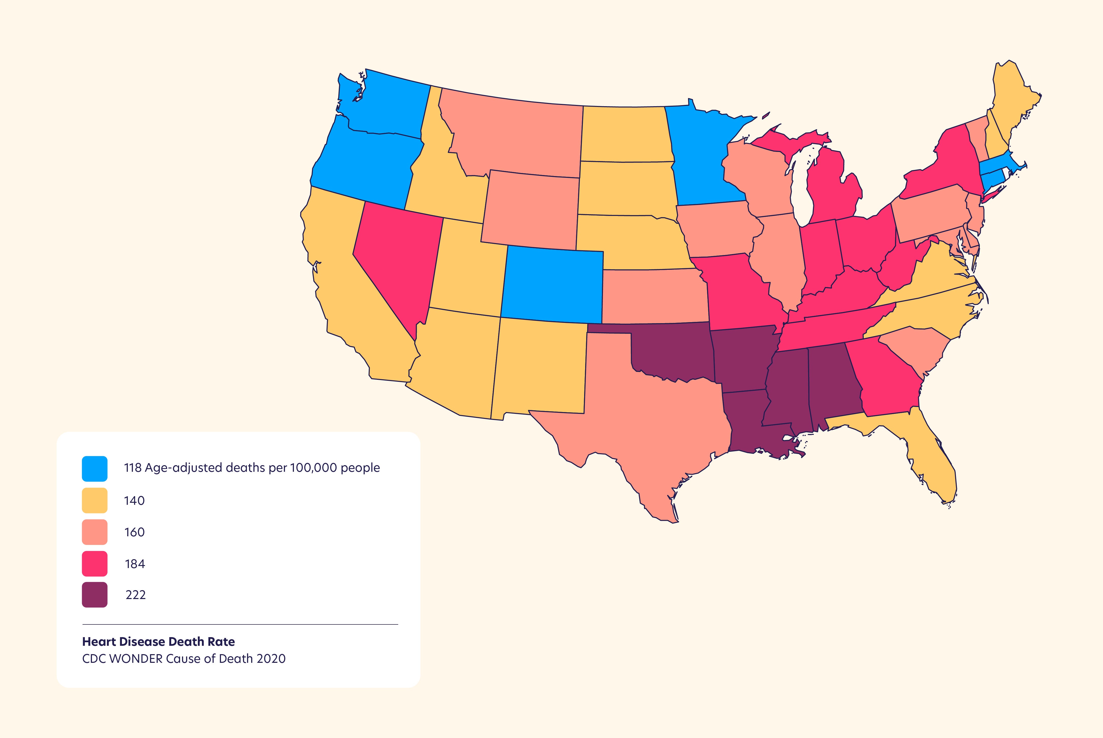 Map showing the rate of heart disease deaths across the US. The highest deaths are concentrated in the Southern US