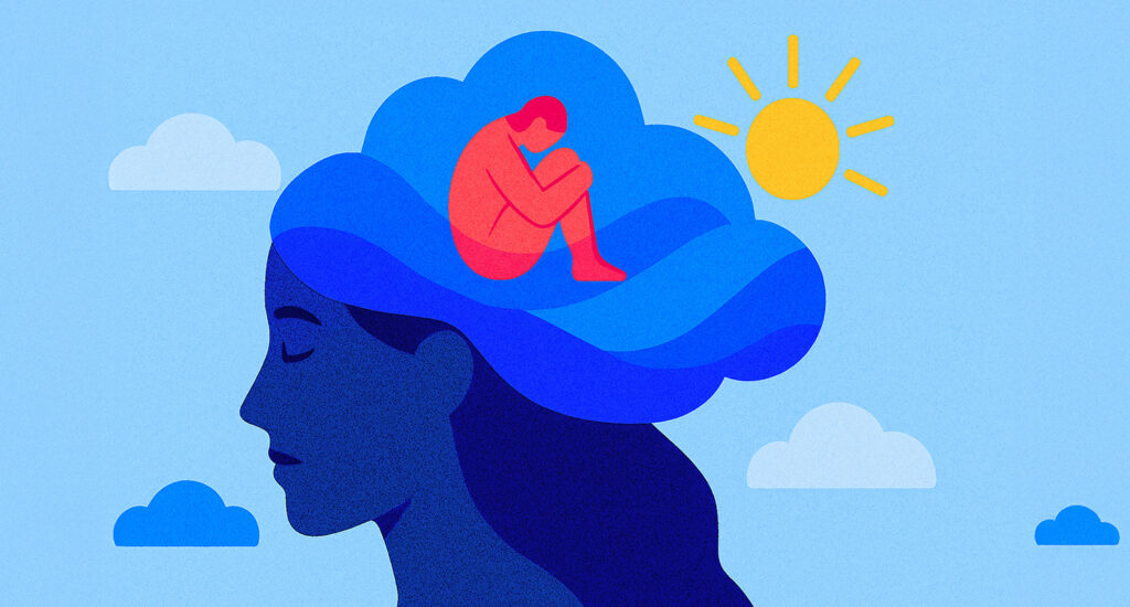 A stylized digital illustration of a woman in profile with her eyes closed, her dark blue hair forming a cloud above her head. Inside the cloud, a red figure sits curled up, surrounded by layered shades of blue and a bright yellow sun in the background—symbolizing emotional burden and hope within the mental health journey during cancer.