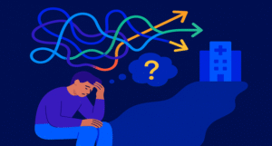 Conceptual illustration of a patient feeling overwhelmed, symbolizing the challenges patients face after a COE referral, with directional elements representing confusion and care navigation.