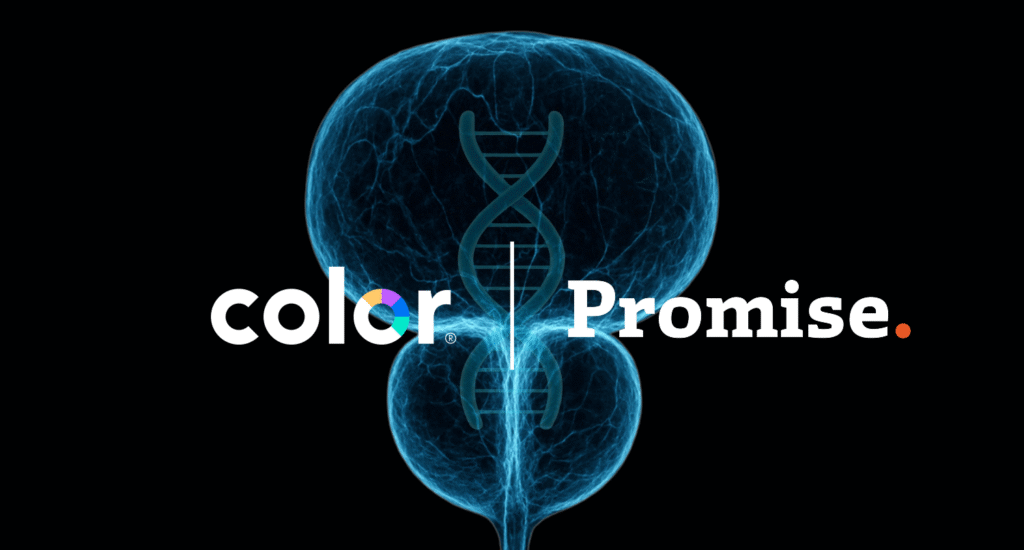 Color and PROMISE collaboration visual showing a glowing prostate outline with a DNA helix inside.